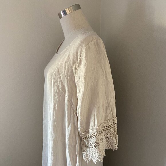 Stella Rosa Shift Linen Short Dress Scoop Neck 3/4 Lace Breathable Cream Sz S - Picture 2 of 6